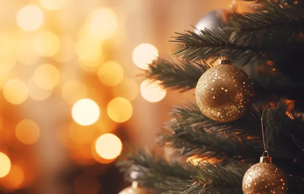 Decoration, background, balls, tree, New Year, Christmas, golden, new year