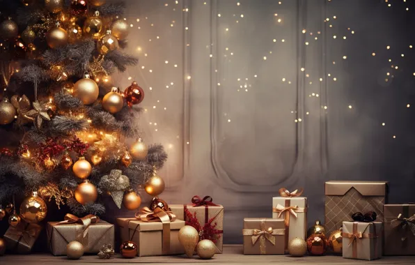 Decoration, balls, tree, New Year, Christmas, gifts, golden, new year