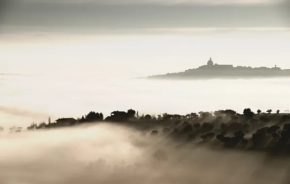 Photo, hills, landscapes, view, home, haze, fogs, Wallpaper for desktop