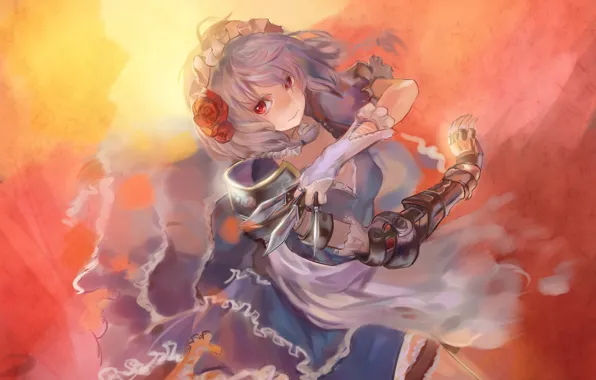 Gloves, knives, red eyes, uniform, ruffles, flower in hair, Izayoi Sakuya, iron hand