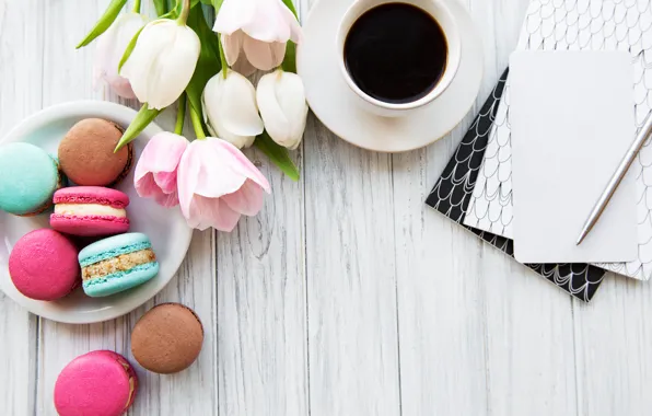 Picture colorful, tulips, pink, tulips, coffee cup, macaroons, macaron, a Cup of coffee
