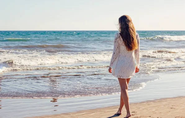 Picture sea, girl, pose, shore, dress