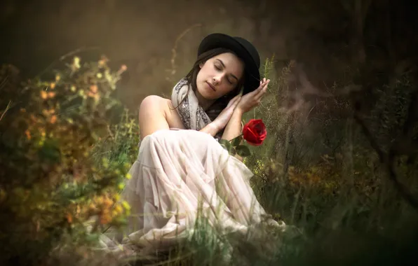 Grass, girl, flowers, mood, roses, hat, bowler