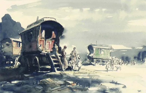 Picture, watercolor, Gypsy camp, Edward Seago