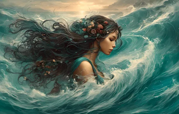Sea, wave, look, water, girl, storm, figure, mermaid
