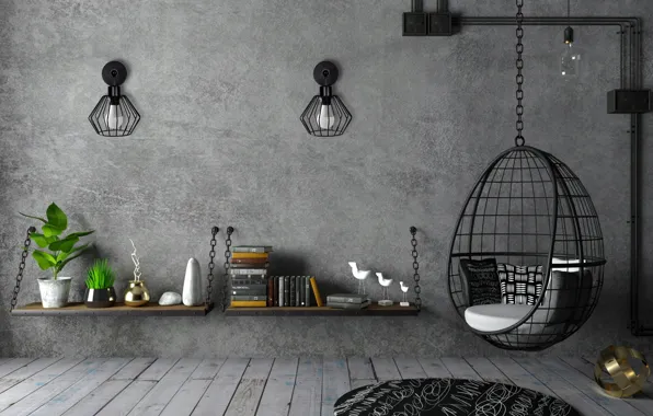 Design, style, carpet, interior, living room, shelves, hanging chair, Industrial Modern Loft