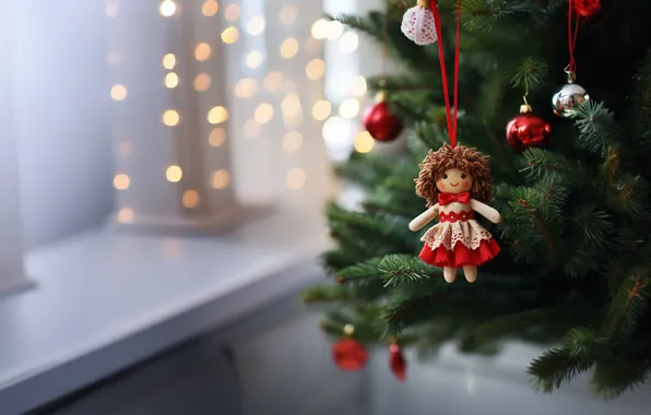 Balls, branches, lights, holiday, toy, doll, window, Christmas