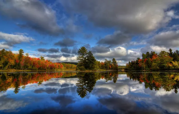 Autumn, forest, the sky, water, clouds, trees, reflection, river