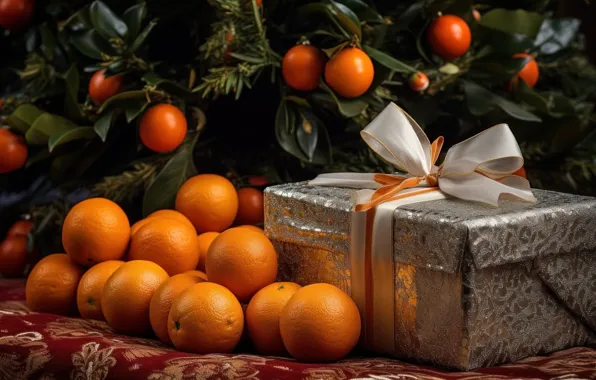 Leaves, balls, branches, box, gift, oranges, fruit, Christmas
