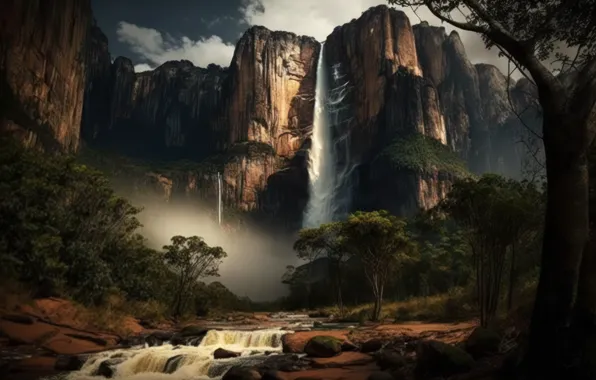 Forest, trees, landscape, mountains, nature, fog, rendering, rocks
