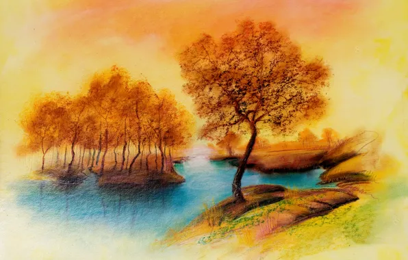 Picture autumn, trees, landscape, river, figure, peace