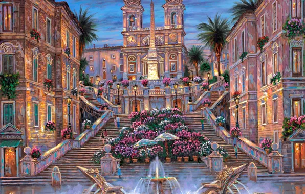 Flowers, palm trees, the evening, Rome, Italy, fountain, stairs, twilight