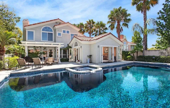 Palm trees, Villa, pool, architecture, mansion, terrace, Villa-Z