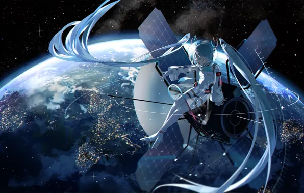 Girl, space, earth, astronaut, Hatsune Miku, Vocaloid, Vocaloid, Hatsune Miku