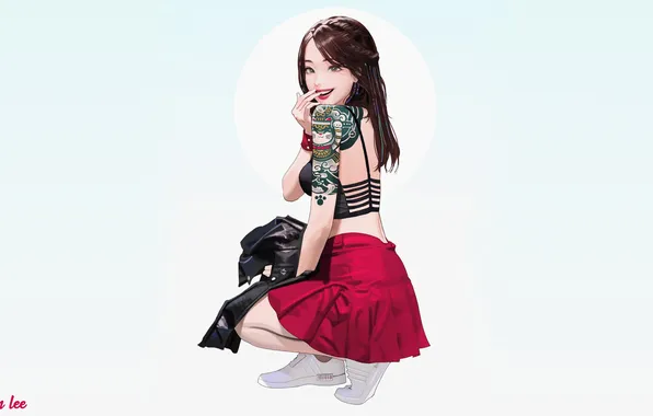 Long hair, tattoo, smiling, skirt, red lipstick, leather jacket, looking at viewer, original characters