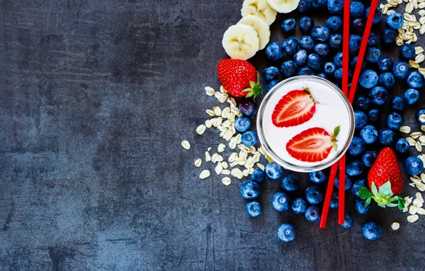 Berries, food, Breakfast, blueberries, strawberry, yogurt, oatmeal