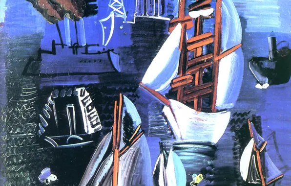 New York, 1926, Huile sur Toile, Raoul Dufy, Boats at Havre, Perls Galleries, Boats in …