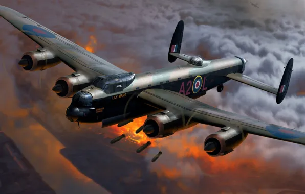 Painting, Bombs, The second World war, WW2, British, Royal Air Force, Avro 683 Lancaster, heavy …