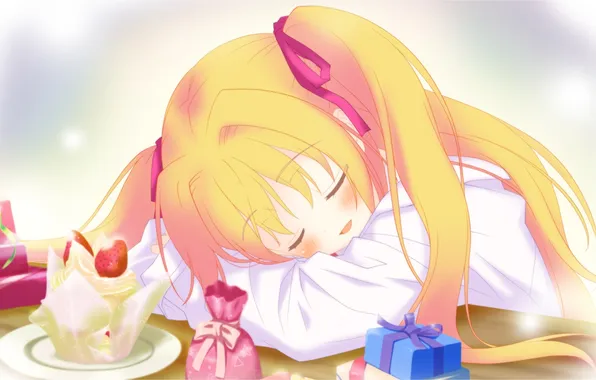 Holiday, gift, sleep, anime, strawberry, girl, bow, ribbon