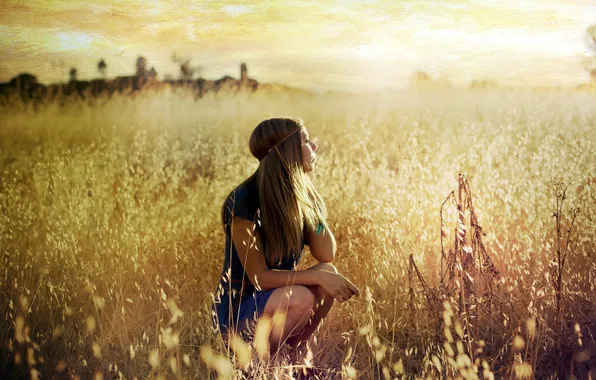 Picture field, girl, sunset, mood