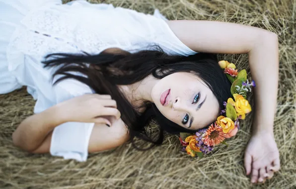 Girl, flowers, wreath