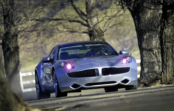 Picture road, auto, trees, lights, The Fisker Karma, ever