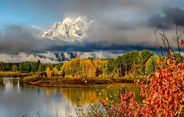Autumn, grass, leaves, snow, trees, mountains, clouds, river