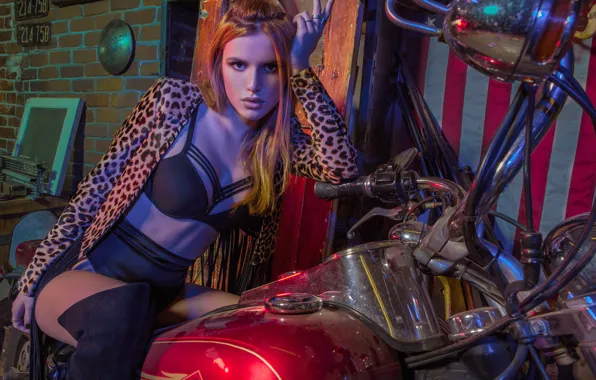 Pose, garage, boots, makeup, figure, actress, hairstyle, motorcycle