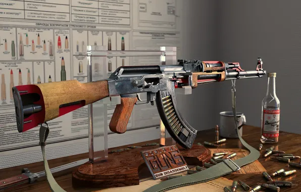 Rendering, weapons, the cut, poster, machine, mug, cartridges, vodka