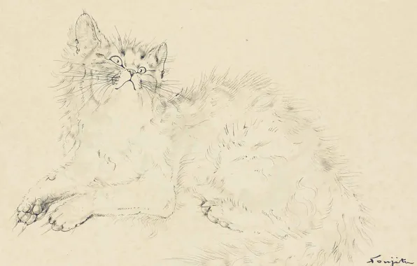 Cat, 1951, on paper, Tsuguharu Foujita, watercolor and ink, wonder