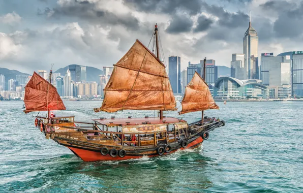 Picture building, home, Bay, Hong Kong, harbour, Hong Kong, junk, The Victoria Harbour