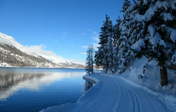 Winter, road, snow, trees, mountains, lake, Switzerland, ate