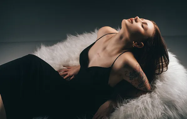 Girl, pose, hands, dress, tattoo, red, shoulders, redhead