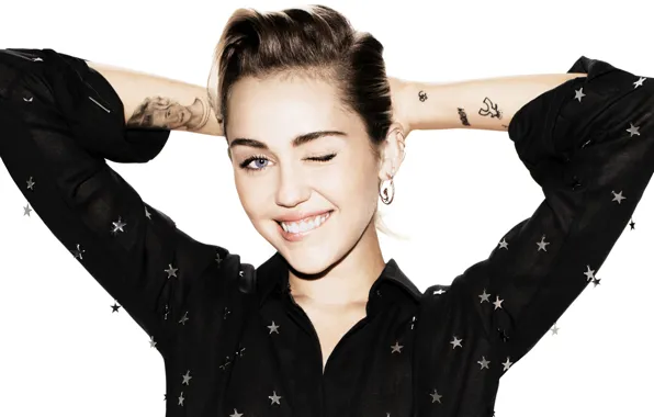 Makeup, actress, tattoo, hairstyle, outfit, white background, singer, Miley Cyrus