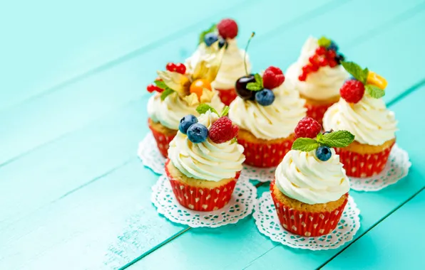 Cherry, berries, blueberries, strawberry, cream, wood, cakes, sweet