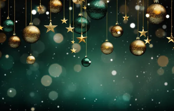 Decoration, the dark background, gold, green, balls, New Year, Christmas, golden
