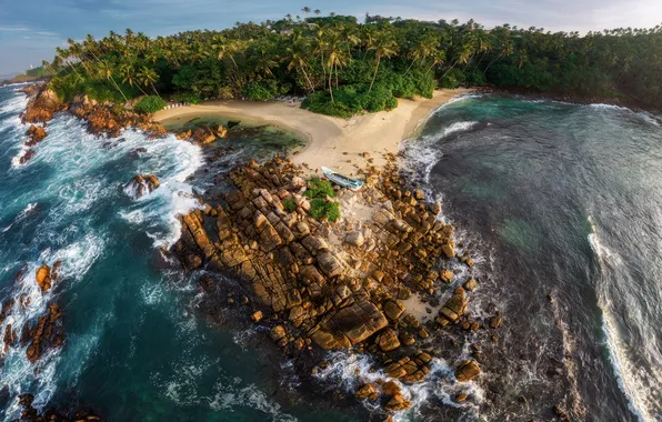 Green, beach, sea, coast, rocks, sand, surf, boat