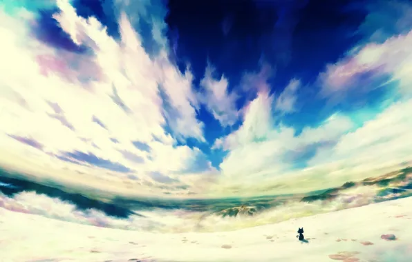 The sky, clouds, mountains, kitty, anime, horizon, nothing