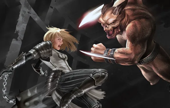 Girl, weapons, movement, monster, art, battle, Diablo 3, Crusader