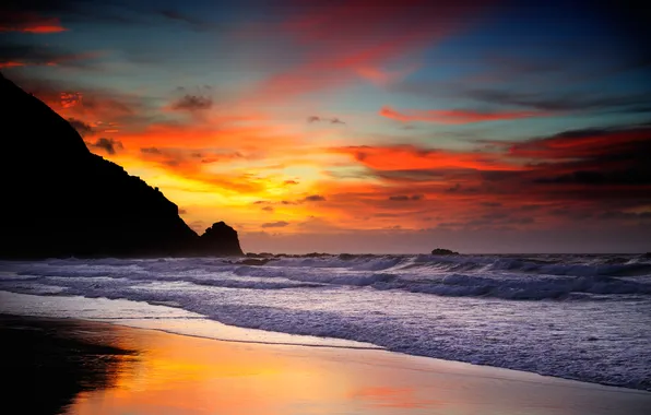 Sea, wave, sunset, shore