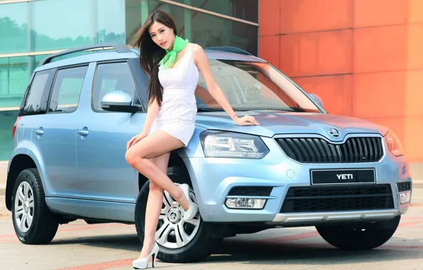 Auto, look, Girls, Asian, beautiful girl, posing on the car, Skoda Yeti