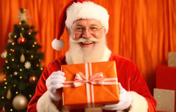 Smile, box, gift, hands, glasses, New year, gloves, curtains