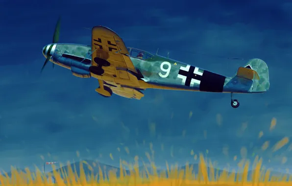 Picture war, art, airplane, painting, aviation, ww2, Messerschmitt Bf 109G-10