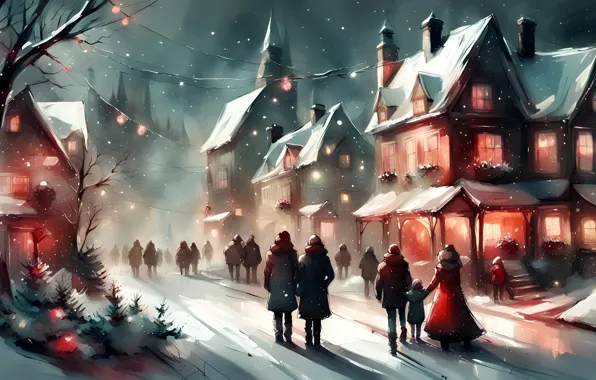Winter, light, snow, the city, house, people, Christmas, New year