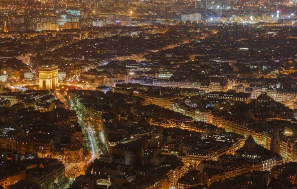 Night, lights, France, Paris, home, panorama, arch