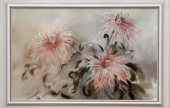 Picture, Still life, three flowers, Sfumato, gift painting, Petrenko Svetlana, grey pink background