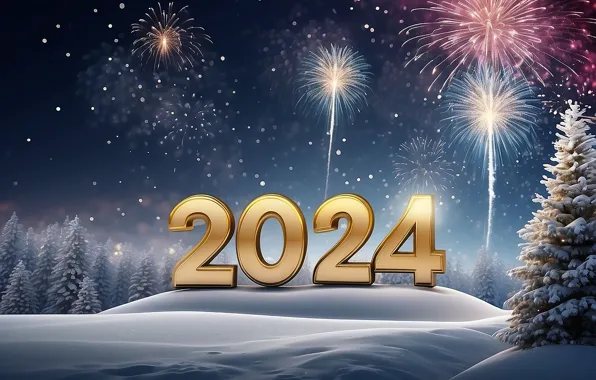 Salute, figures, New year, golden, numbers, New year, 2024, fieworks