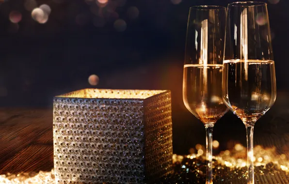 Decoration, night, gift, New Year, glasses, champagne, 2018, New Year