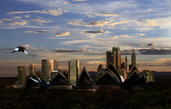City, sky, trees, mountains, clouds, spaceship
