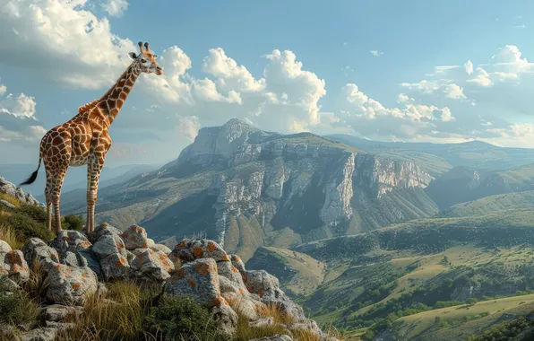 Picture Clouds, Mountains, Giraffe, Landscape, Digital art, AI art, The Art of Artificial Intelligence, Neural network